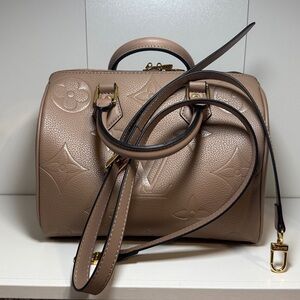 Elegant Taupe Embossed Monogram Satchel with Gold Hardware